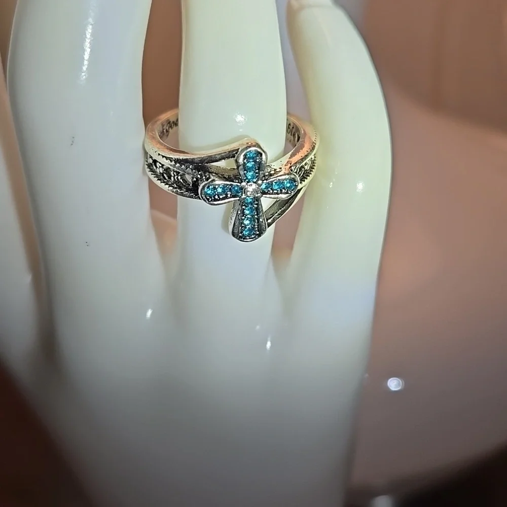 Blue Cubic Zirconia Cross Ring - Silver plated - Sparkling Gemstones Size 9